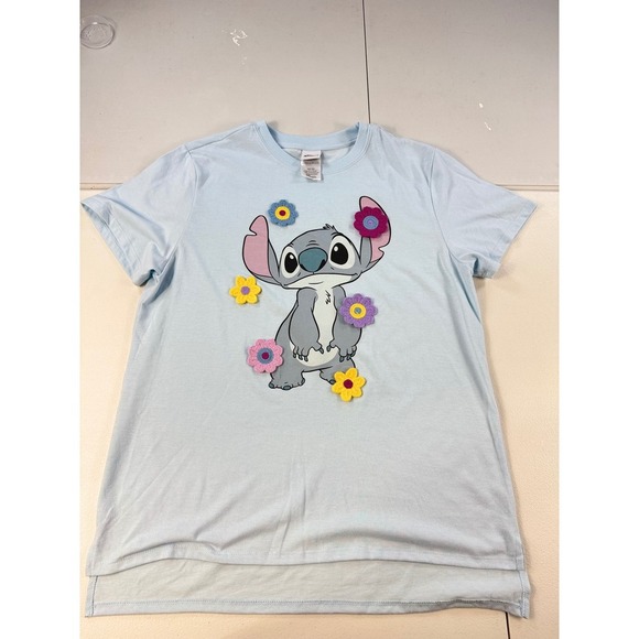 Disney Stitch Flower T-Shirt Womens Blue Graphic Crew Neck Short Sleeve - Picture 3 of 10